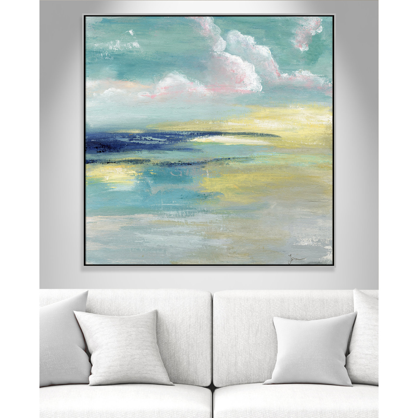 Bertie "Ocean View" Painting by Tava Studios, 46.5" H x 46.5" W x 2" D, Silver Framed Canvas