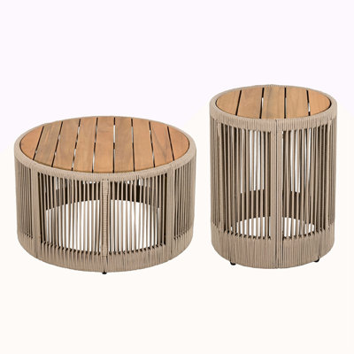 Rustic Industrial Table Set,Coffee Table & Side Table With Woven Rope Design, Modern Functionality Stylish Table Set For Living Room And Home Decor