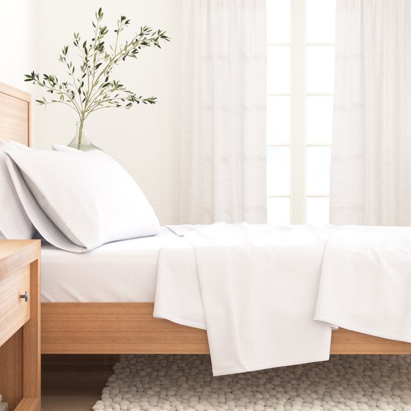 Ensemble de draps 100% flanelle de coton, Uni - blanc hivernal, Grand avec deux taies d'oreiller