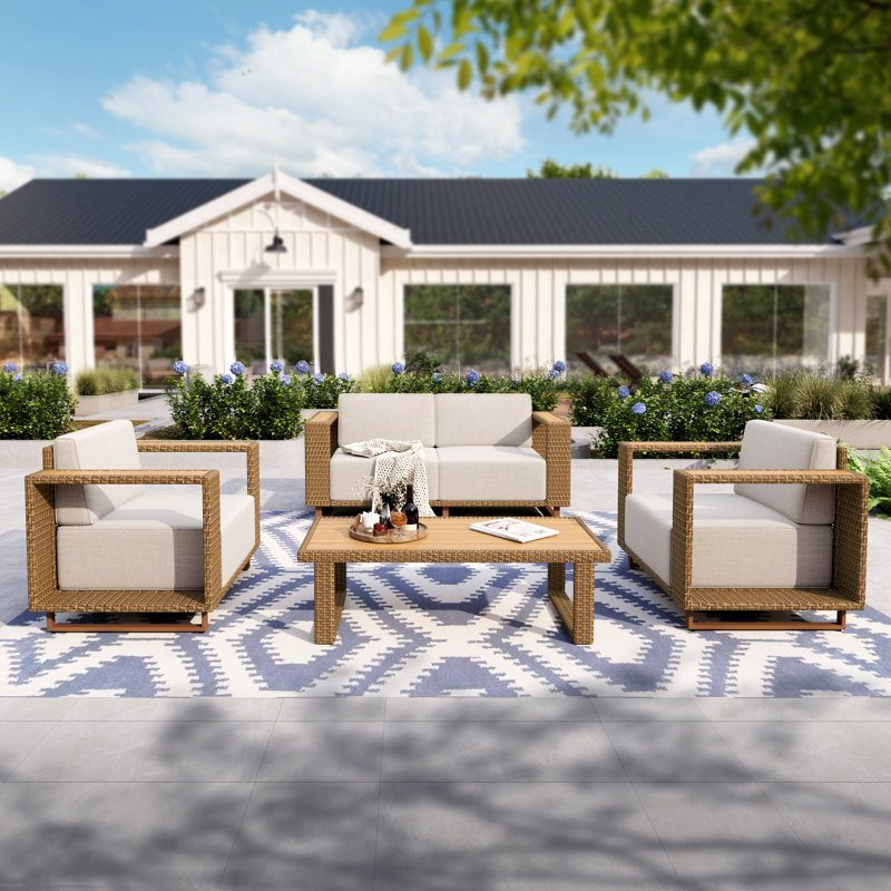 4-Piece Beige Outdoor Conversation Set with Wicker Patio Furniture – Includes 4 Seats and a Table, 9.8-Inch Ultra-Thick Cushions, and Wide Armrests. Ideal for Garden, Poolside, and Backyard Spaces