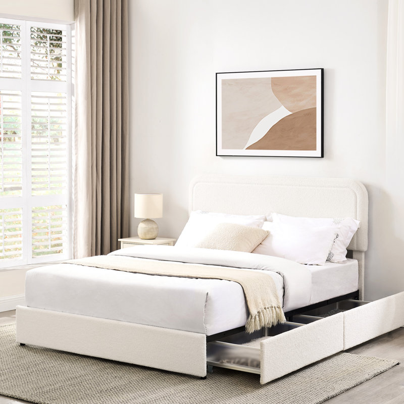 Grand lit contemporain avec 4 tiroirs sous le lit et base en lattes de bois avec cadre de rangement Cozy Boucle