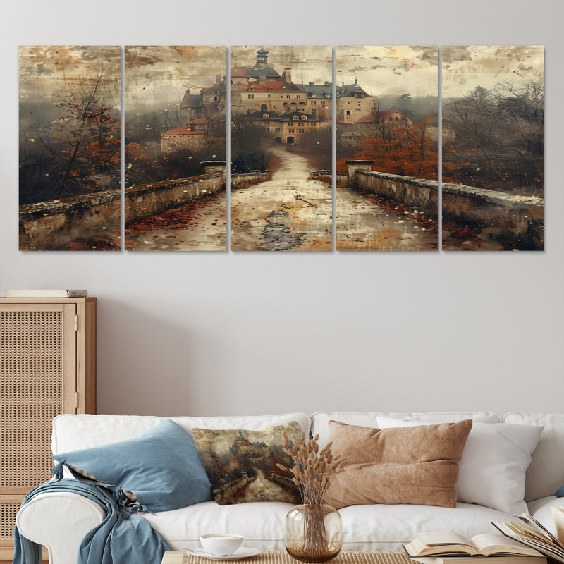 «Beige Orange Autumn Rustic Chateau In Europe I - Chateaus», ensemble de reproduction d'art mural, 32" H x  80" W