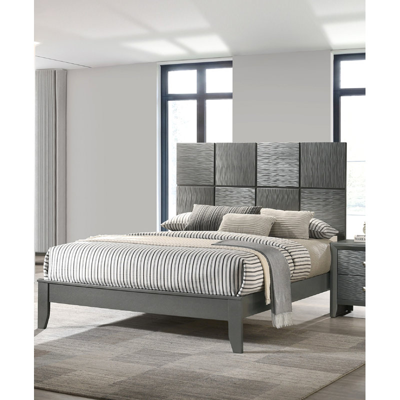 Panneaux avant texturés de style grand lit 1pc avec tête de lit à motif géométrique et finition gris métallique
