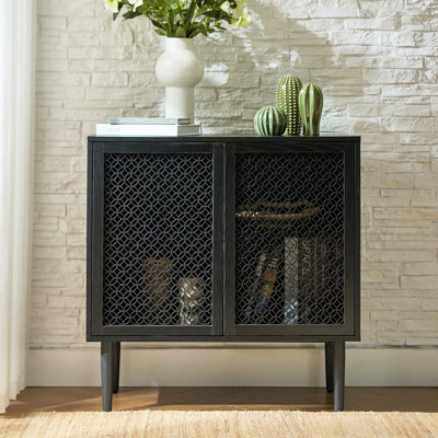 Fabion Modern 31.5''W Built-in LED Lights Wood-carved 2-Door Accent Cabinet with Metal Legs