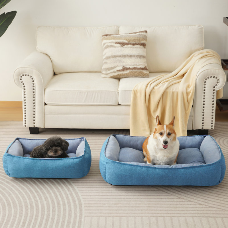 Blue Linen Rectangle Pet Bed with Bolster Cushion