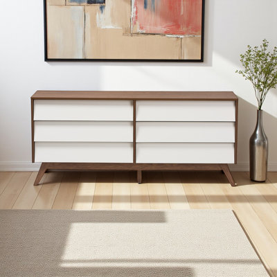 Aaron Manufactured Wood 6-Drawer Dresser in Walnut and White Finish, 27.82" H X 62.71" W X 15.50" D