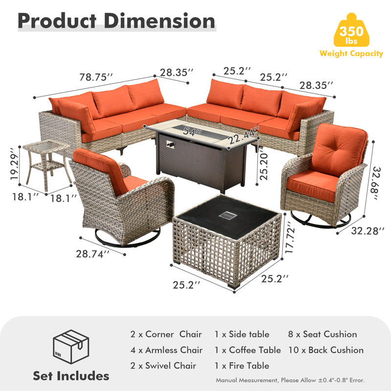Emroy 8 - Person Reversible Modular Outdoor Conversation Set,Wicker Patio Seating Group with Lighted Coffee Table, All Weather Swivel Chair Set with Cushions