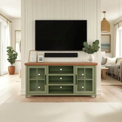 67 Inch Tv Stand Console For Tvs Up To 80 Inches, No Assembly Required, Sage Green And Fruitwood Finish