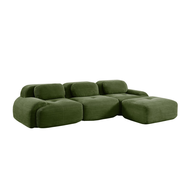 Olive Green Corduroy Modular L-Shaped Sectional Sofa with Ottoman, No Assembly Required Ergonomic Pet-Friendly Living Room Seating