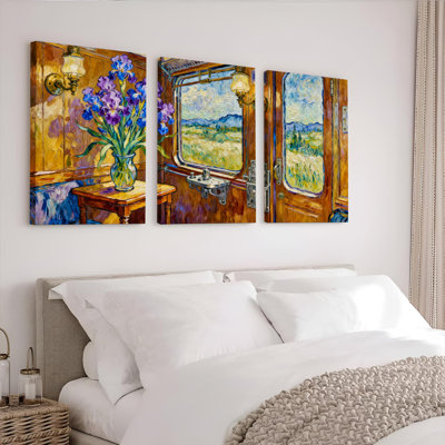 «Van Gogh Style Iris Flowers and Train», ensemble de 3 reproductions d'art sur toile tendues sur toile