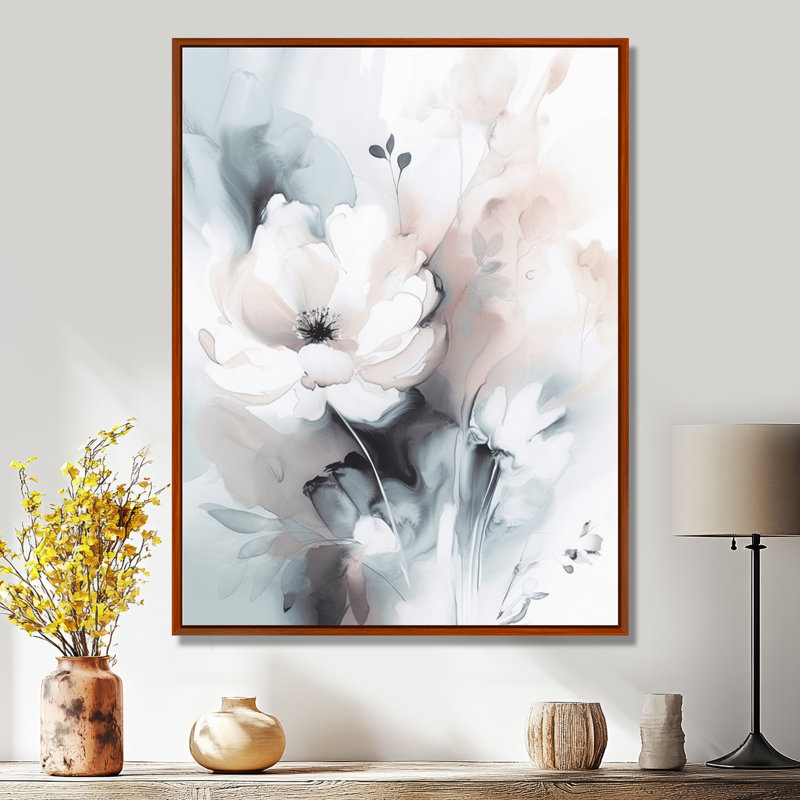 Douces fleurs gris clair II - art mural floral, H 32 po x l 24 po, Cadre flottant brun