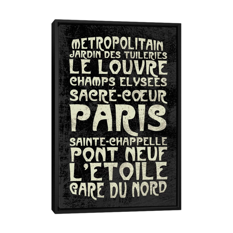 Paris, toile flottante, art textuel sur toile, H 48 po x l 32 po x P 1,5 po, Toile encadrée noire, Pas de tapis