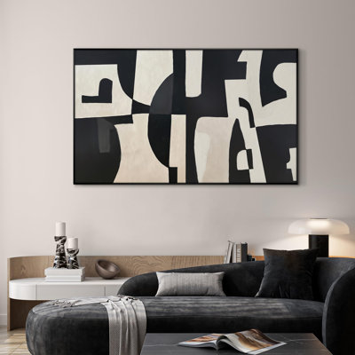 Extra Large Wall Art Fabric Print - Black and White Abstract Geometric Design, Minimalist Modern Artwork Decor for Living Room or Bedroom - "Frame Assembly Required (Unfinished Frame)"