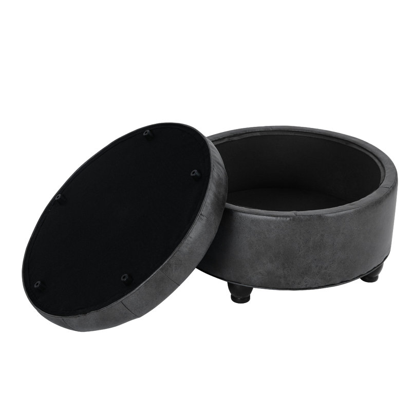 Gery Storage Ottoman, 25 Inch Round Tray Top, Dark Grey Faux Leather