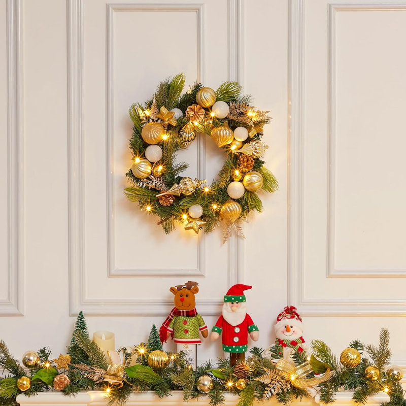 Couronne de Noël pré-éclairée à piles 24 pouces avec 30 lumières DEL pour l'intérieur et l'extérieur