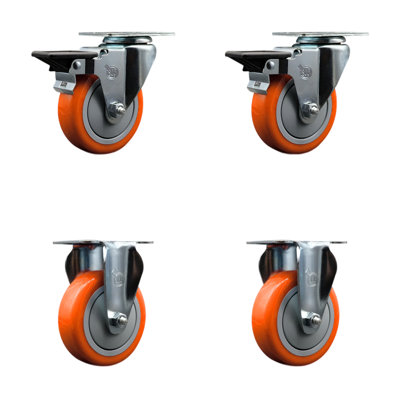 4 Inch Orange Poly Wheel Swivel Top Plate Caster Set with 2 Posi Brakes 2 Rigid