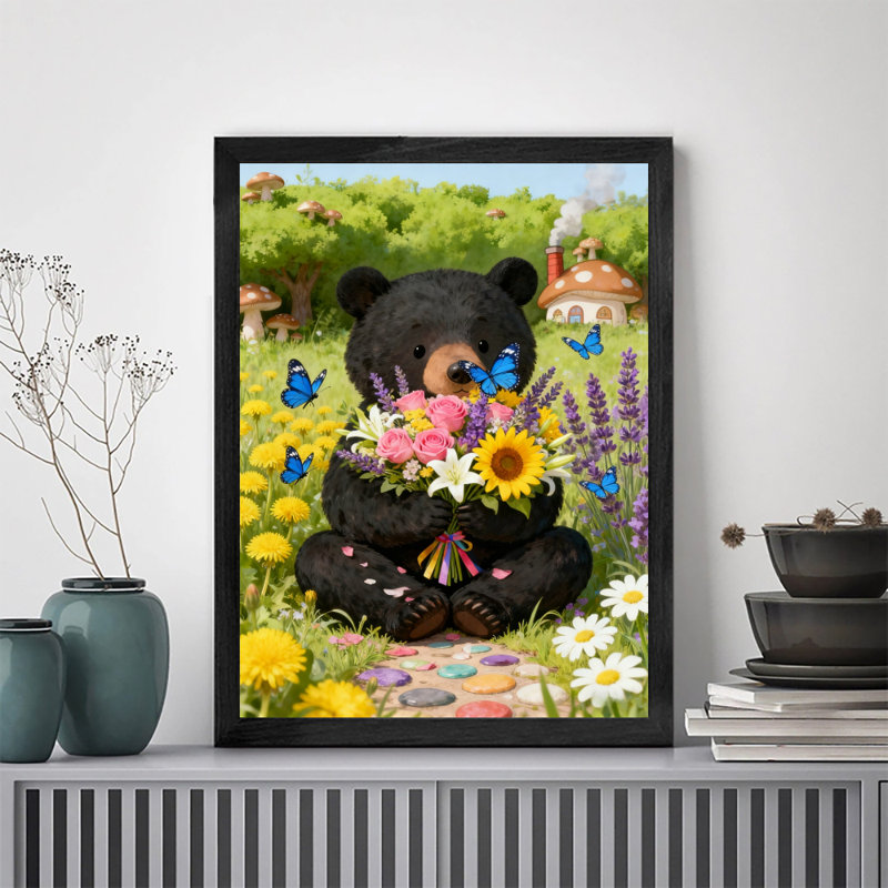 Art mural rétro noir, petit ours mignon jouant avec des papillons, impressions encadrées de style rétro, H 25 po x l 17 po