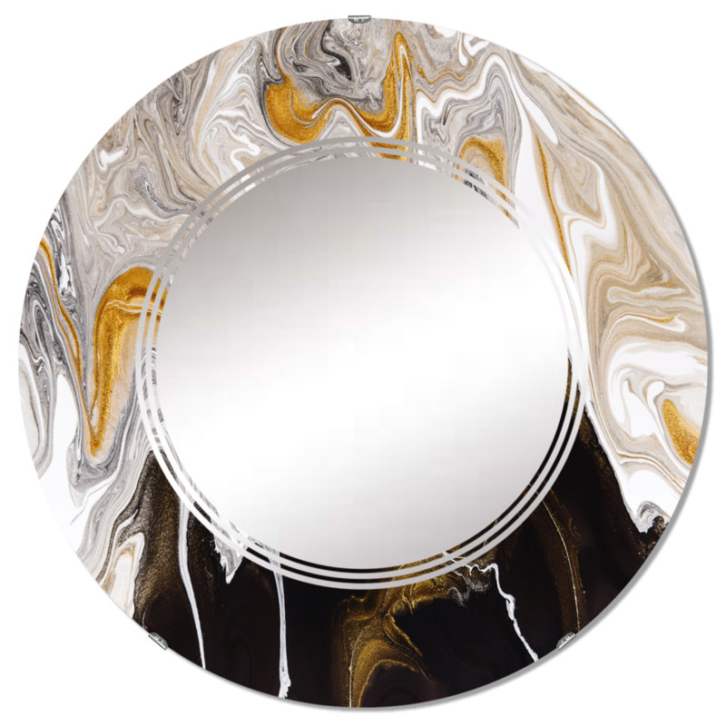 Miroir mural rond noir et blanc liquide Waves I, 32 po x 32 po