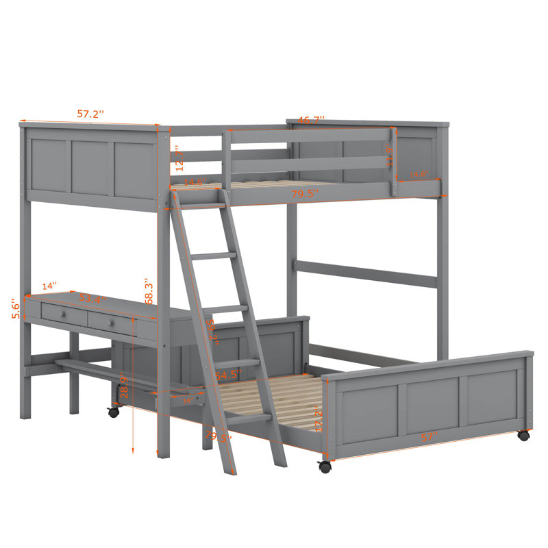 Icaro Bunk Bed with Desk, Full Over Full, Gray