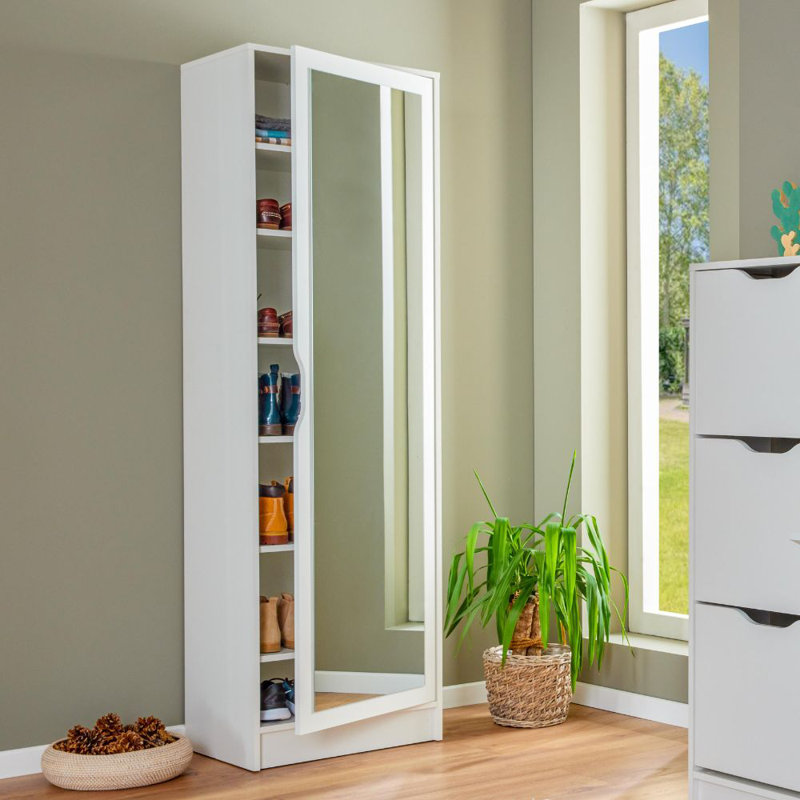 The Westphalen 24 Pair Shoe Storage Cabinet features a mirror