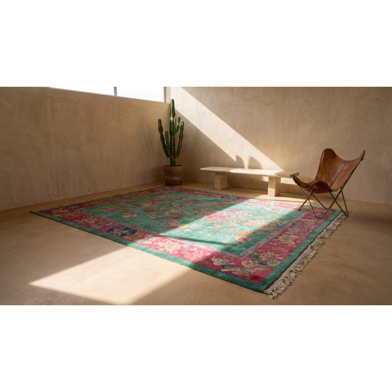 Floral Wool 1920s Rectangle Green Antique Hand Knotted Pile Rug