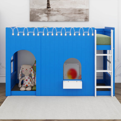 Lit mezzanine pour enfants avec guirlande lumineuse à DEL, maison en bois avec fenêtre pour garçons