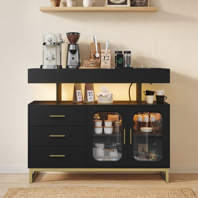40" LED Buffet Cabinet with Charging Station, Smart Sideboard with RGB 16-Color Auto Sensor Light, Modern Storage Cabinet Coffee Bar