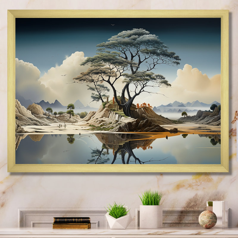 Arbre surréalisme surréalisme IV - Art abstrait paysage, Cadre doré à coins fermés, H 30 po x l 40 po x P 1,5 po