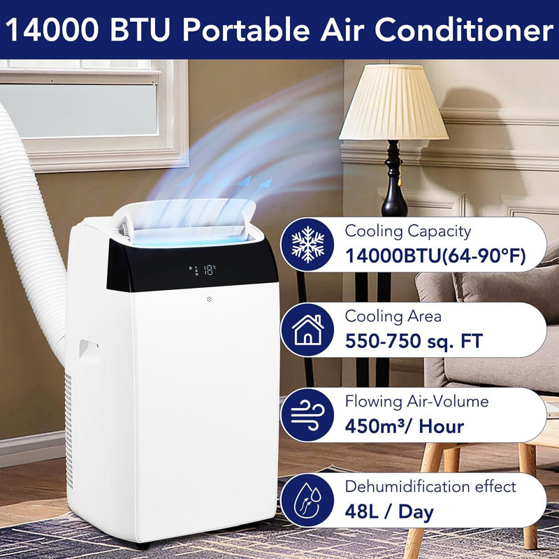 Puissant climatiseur portatif 14 000 BTU - refroidissement 3-en-1, ventilateur et déshumidificateur - climatiseur mobile autoportant avec télécommande, 3 vitesses, oscillation automatique, mode veille, minuterie 24H, rafraîchit jusqu'à 750 pieds carrés - 2 PCS