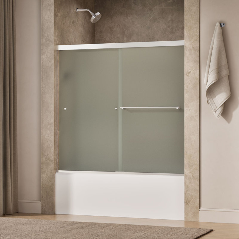 Revel 59.63'' x 55.5'' Double Sliding Bath Door with CleanCoat® Technology, Bright Polished Silver, Frosted