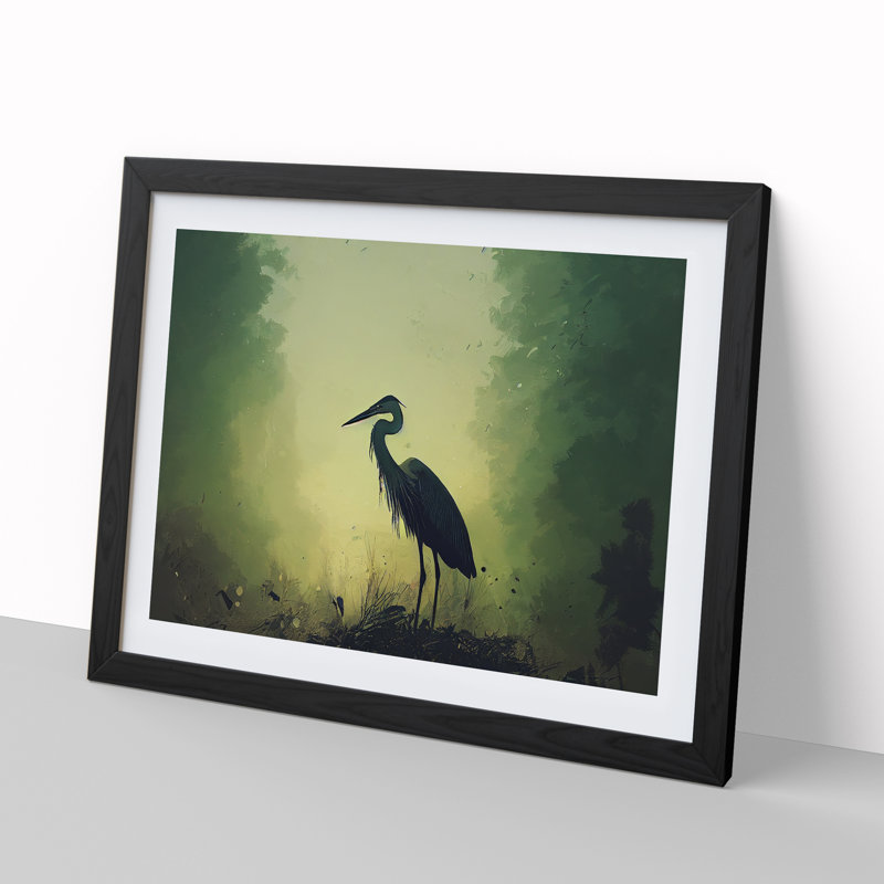 Heron Bird - Single Picture Frame Painting, 25cm H x 34cm W x 2cm D, Black