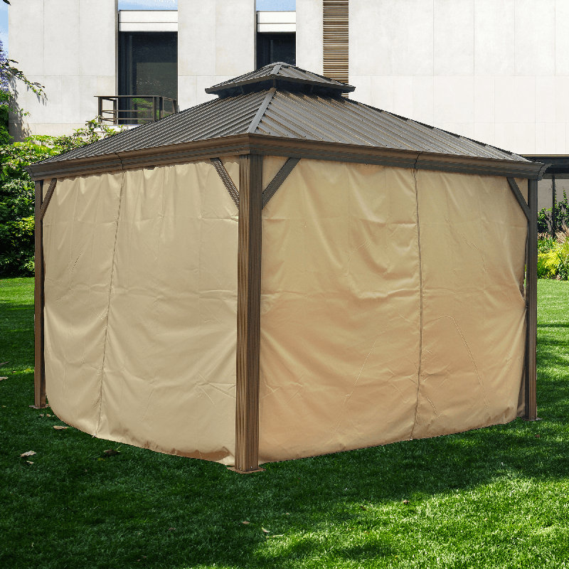 Alexander Dark Brown Double Roof Hardtop Gazebo with Curtain and Mosquito Netting, 12 ft x 12 ft