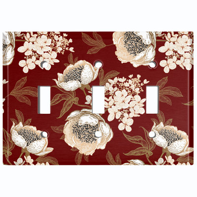 Metal Light Switch Plate Outlet Cover (White Flowers Maroon Red - Single Toggle)