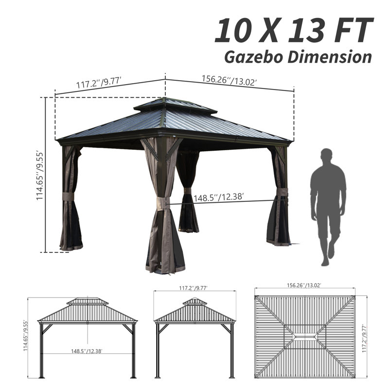 Pavillon de jardin d'extérieur en acier galvanisé avec double toit, Brun