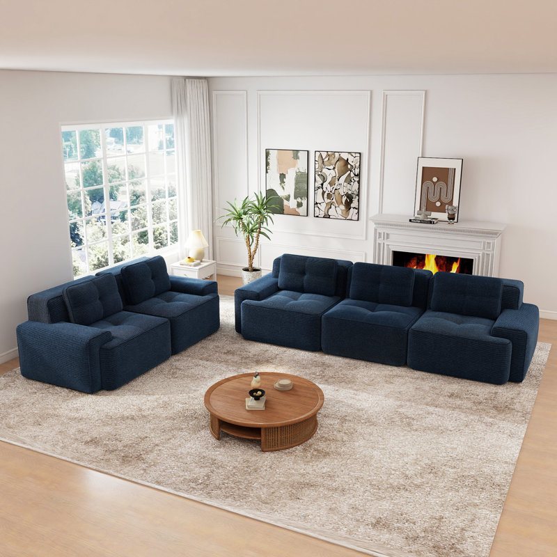 Ensemble de canapé 2 pièces 5 places en velours côtelé avec sièges profonds et coussins capitonnés sans assemblage, bleu marine