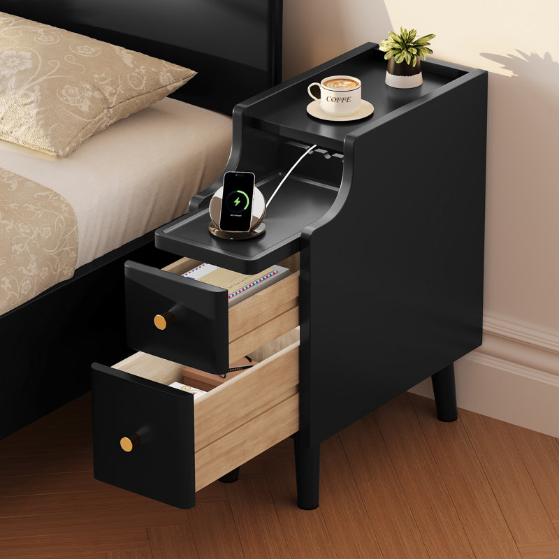 Narrow Nightstand with Drawers, 7.9" Solid Wood Side Table for Small Spaces, Small Bedside Table for Bedroom with Pull-Out Tray, Black