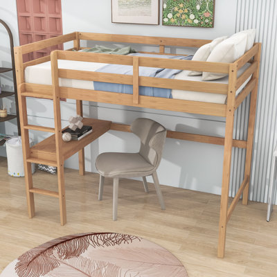 Twin Wooden Loft Bed With Ladder, Desk And Slats