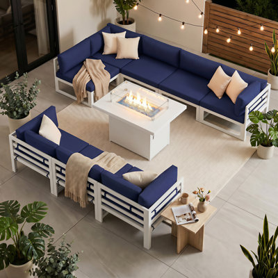 Anevaeh 8-Person Outdoor Patio All-Aluminum Sectional Conversation Set with Fire Pit Table and Cushions