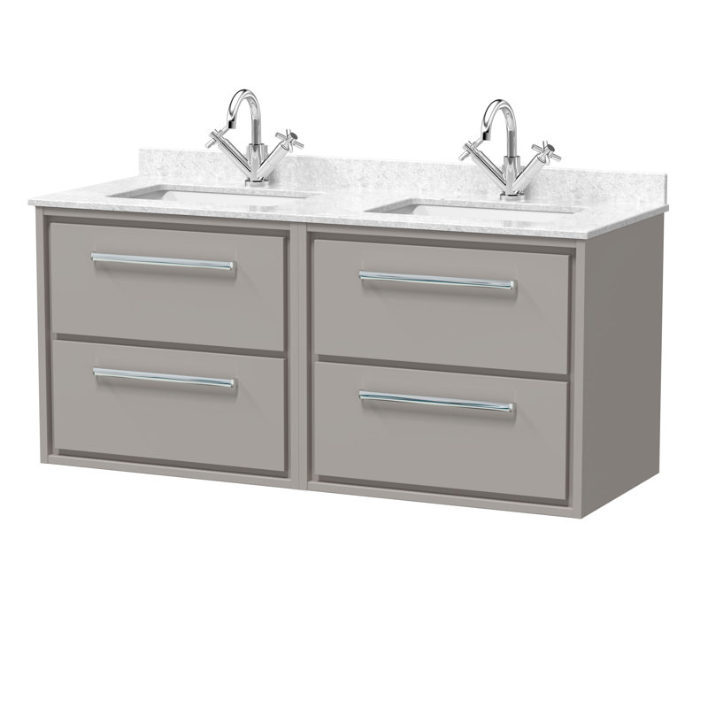Hudson Reed Lille 1200mm Pebble Grey 4 Drawer  Wall Hung Vanity With Twin Marble Basin, Pebble Grey