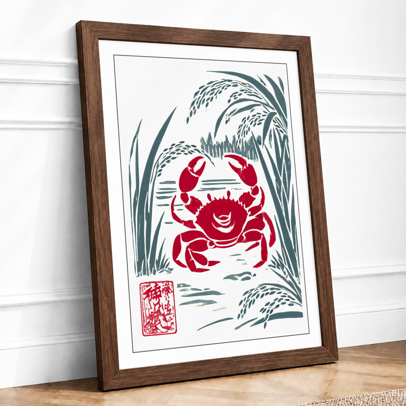 Smiling Crab In Grasses Japandi - Print, A3 - 42.0 x 29.7 cm, Walnut