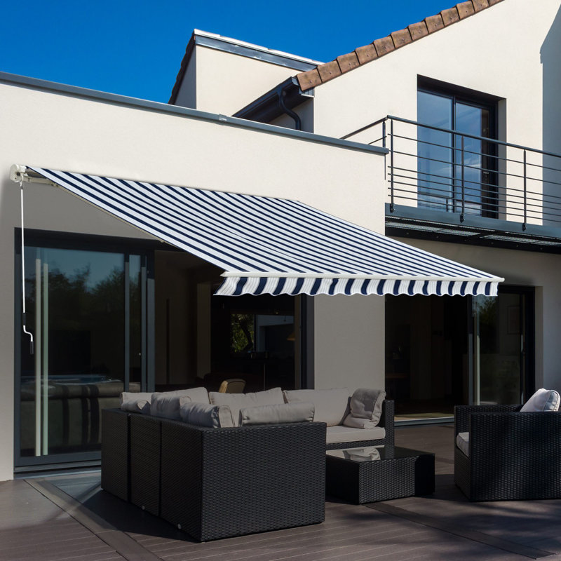 Dakota Fields 250cm W x 200cm D Polyester Cover Retractable Patio Awning, 300 cm W x 250 cm D, Blue/White