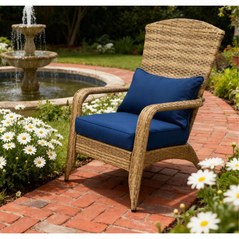 Tall Curved Backrest Chair,Patio Adirondack Chair With Rattan Wicker, Soft Cushions, Bleu très foncé, Brown