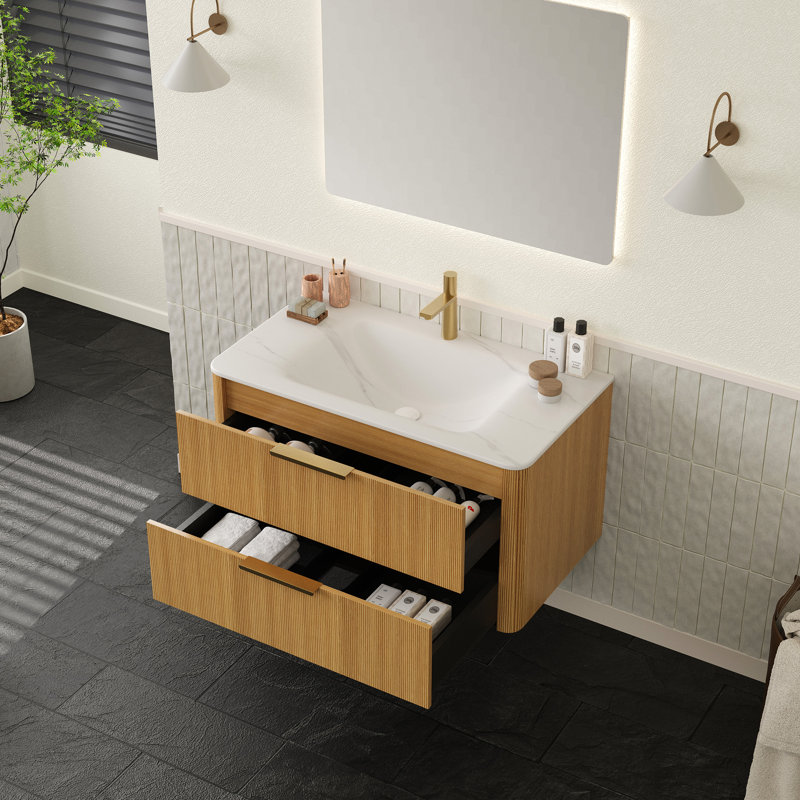 Meuble-lavabo de salle de bain blanc à pression intégrée en pierre frittée blanche, contreplaqué flottant de 36 po, tiroir à fermeture en douceur, meuble-lavabo de finition avec vasque, rangement en contreplaqué, grille ultra-mince, installation facile, lisse
