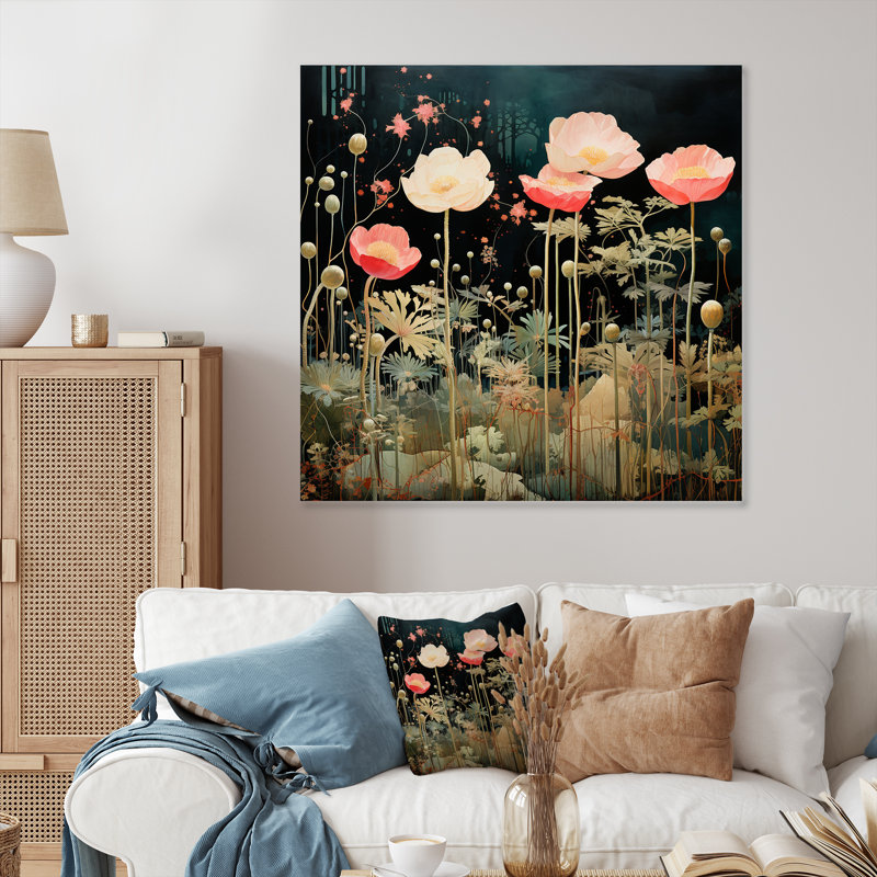 Enigma, fleurs de jardin roses et vertes 2 - tachisme, art mural en métal, H 16 po x l 16 po