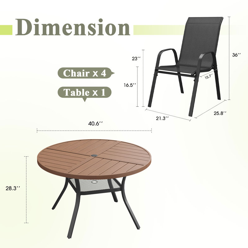 Ensemble de salle à manger de patio 4 personnes avec chaises empilables Textilene, Brush Wood Brown/Black