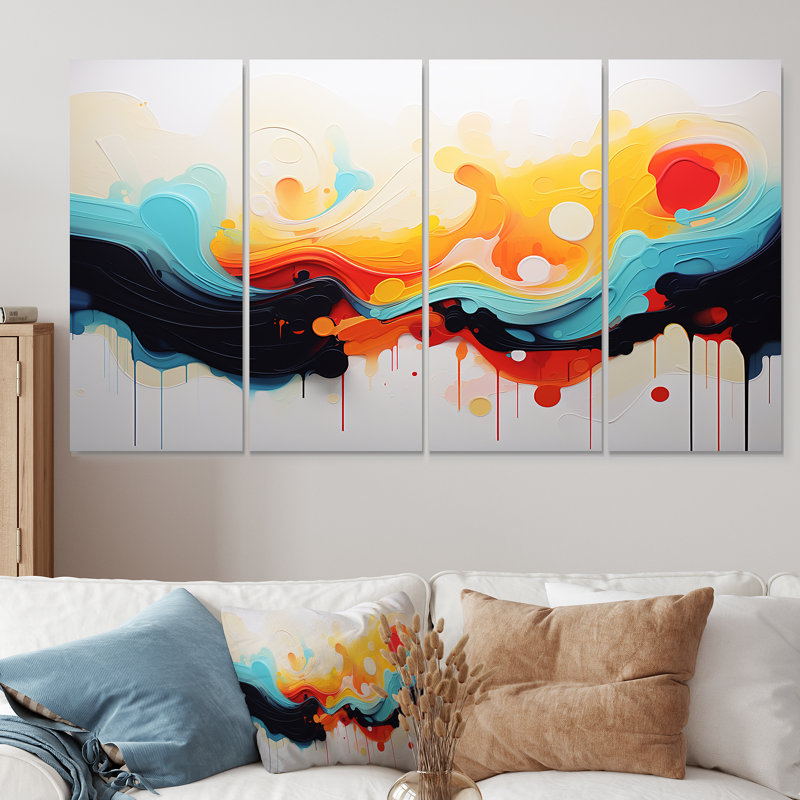 «Yellow Fractal Paint Wave Expression III» - peinture abstraite, art mural 4 pièces pour le salon, H 32 po x l 64 po