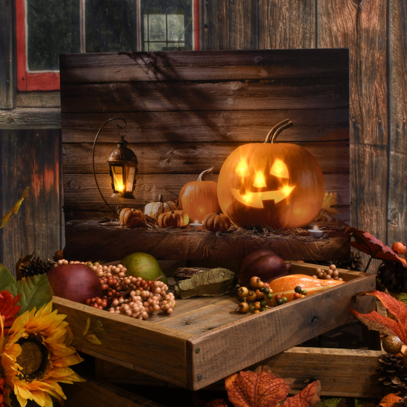Battery-Operated Lighted Jack O' Lantern Wall Art with Wooden Slats
