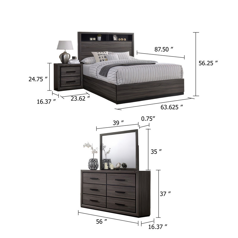 Ensemble de chambre avec grand lit 5 pièces Kalie et tête de lit bibliothèque Kalie, gris