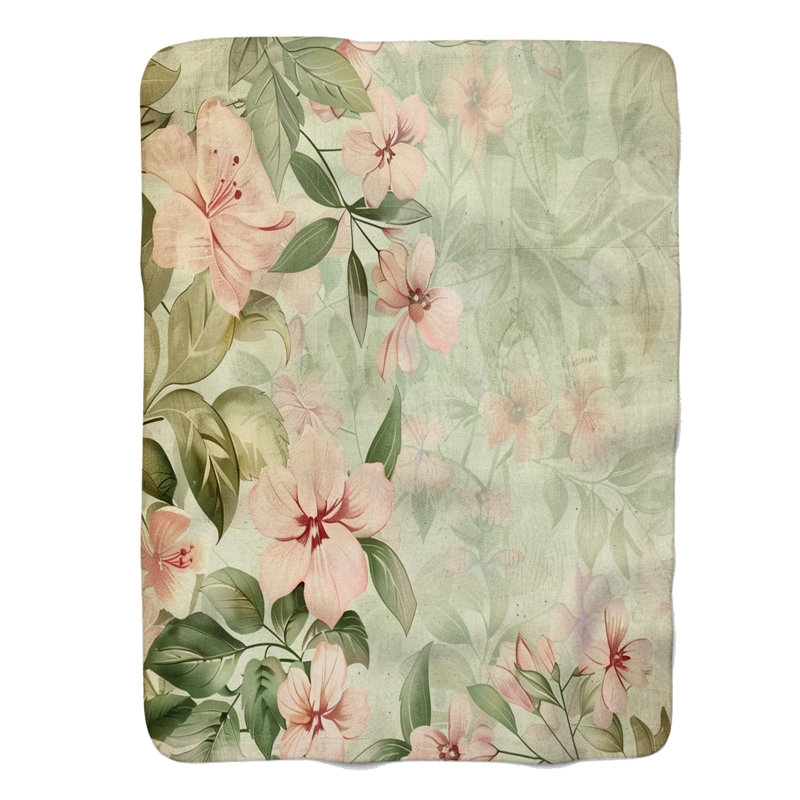Fleurs roses et vertes rétro - couverture Sherpa de qualité supérieure 1 pièce, Lit simple