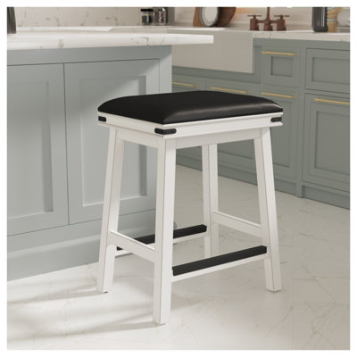 Tabouret de comptoir de 24 pouces avec finition blanc antique et siège en cuir noir - Tabouret de bar de cuisine confortable avec structure en bois massif